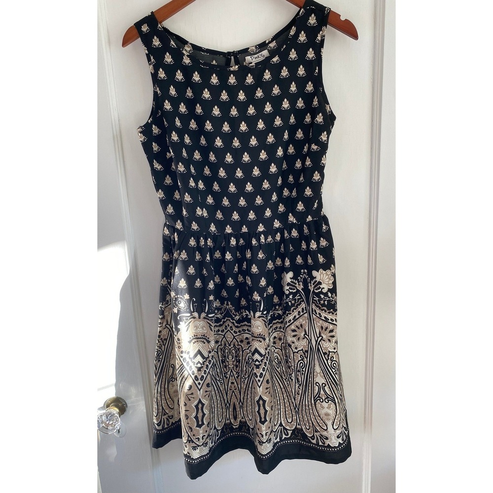 NWT Pinky Paisley Border Print Dress Womens Small Black Tan Sleeveless Boho